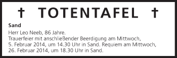 Anzeige von Totentafel vom 05.02.2014 von MGO