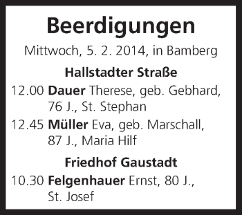 Anzeige von Beerdigungen vom 05.02.2014 von MGO