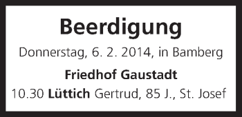 Anzeige von Totentafel vom 06.02.2014 von MGO