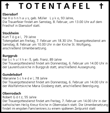 Anzeige von Totentafel vom 06.02.2014 von MGO