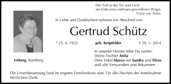 Anzeige von Gertrud Schütz von MGO