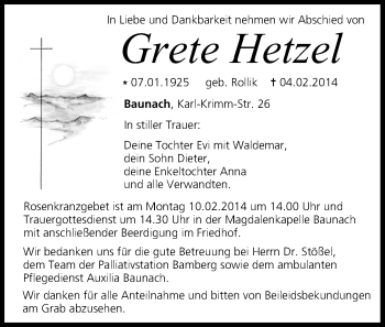 Anzeige von Grete Hetzel von MGO