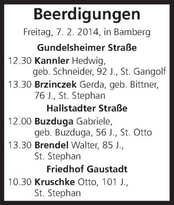 Anzeige von Beerdigungen vom 07.02.2014 von MGO