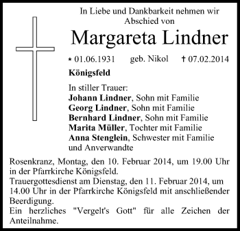 Anzeige von Margareta Lindner von MGO