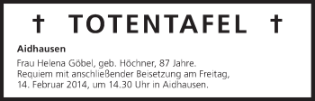 Anzeige von Totentafel vom 13.02.2014 von MGO