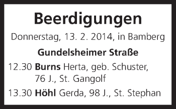 Anzeige von Beerdigungen vom 13.02.2014 von MGO