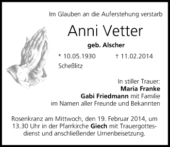 Anzeige von Anni Vetter von MGO