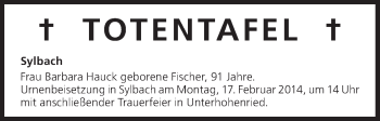 Anzeige von Totentafel vom 15.02.2014 von MGO
