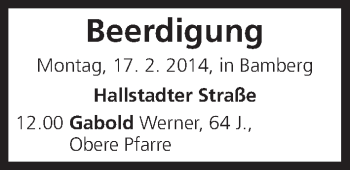 Anzeige von Beerdigung vom 17.02.2014 von MGO