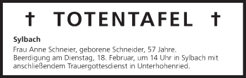 Anzeige von Totentafel vom 17.02.2014 von MGO