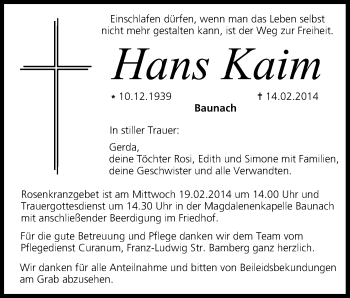 Anzeige von Hans Kaim von MGO