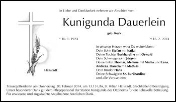 Anzeige von Kunigunda Dauerlein von MGO
