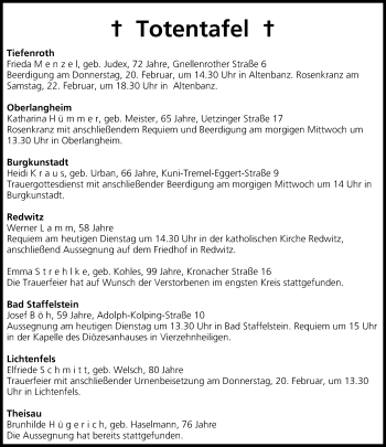 Anzeige von Totentafel vom 18.02.2014 von MGO