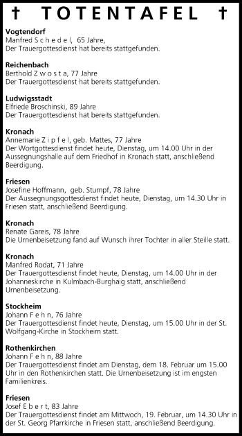 Anzeige von Totentafel vom 18.02.2014 von MGO