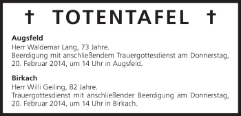 Anzeige von Totentafel vom 19.02.2014 von MGO