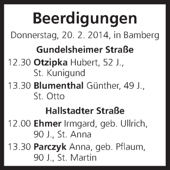 Anzeige von Beerdigungen vom 20.02.2014 von MGO