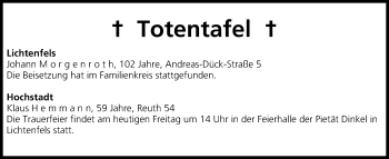 Anzeige von Totentafel vom 21.02.2014 von MGO