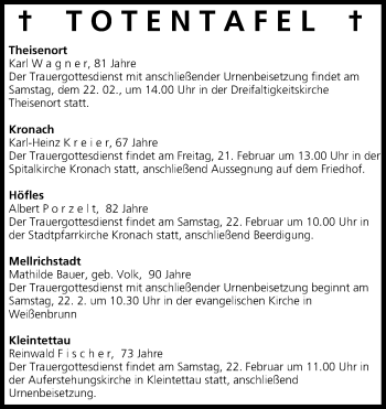 Anzeige von Totentafel vom 21.02.2014 von MGO