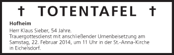 Anzeige von Totentafel vom 22.02.2014 von MGO
