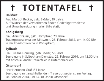 Anzeige von Totentafel vom 25.02.2014 von MGO