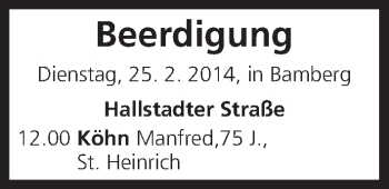 Anzeige von Beerdigung vom 25.02.2014 von MGO