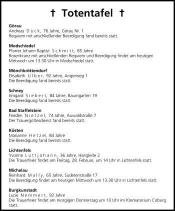 Anzeige von Totentafel vom 26.02.2014 von MGO