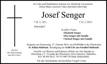 Anzeige von Josef Senger von MGO