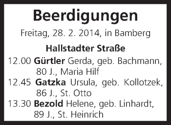 Anzeige von Beerdigungen vom 28.02.2014 von MGO