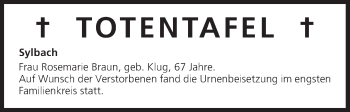 Anzeige von Totentafel vom 01.03.2014 von MGO