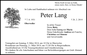 Anzeige von Peter Lang von MGO