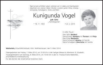 Anzeige von Kunigunda Vogel von MGO