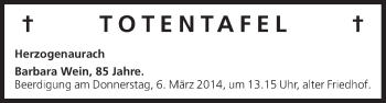 Anzeige von Totentafel vom 05.03.2014 von MGO