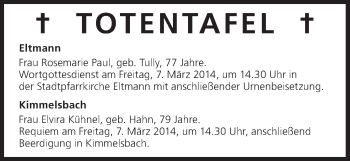 Anzeige von Totentafel vom 06.03.2014 von MGO