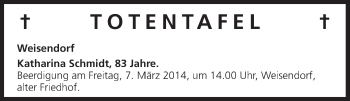 Anzeige von Totentafel vom 06.03.2014 von MGO
