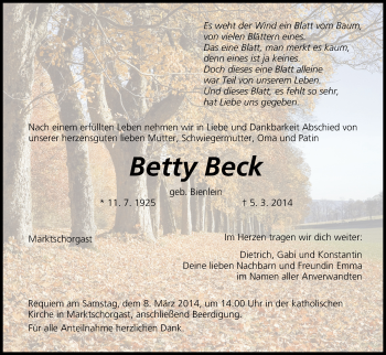 Anzeige von Betty Beck von MGO