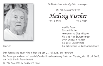 Anzeige von Hedwig Fischer von MGO