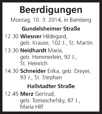 Anzeige von Beerdigungen vom 10.03.2014 von MGO