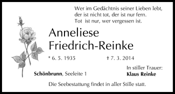 Anzeige von Anneliese Friedrich-Reinke von MGO