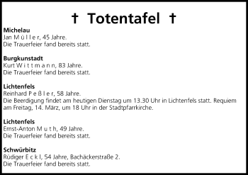 Anzeige von Totentafel vom 11.03.2014 von MGO