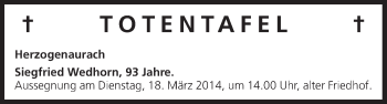 Anzeige von Totentafel vom 15.03.2014 von MGO
