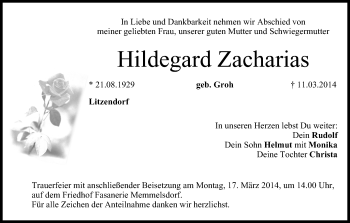 Anzeige von Hildegard Zacharias von MGO