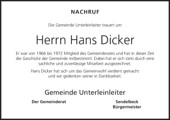 Anzeige von Hans Dicker von MGO