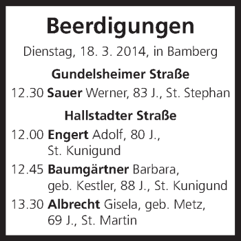 Anzeige von Beerdigungen vom 18.03.2014 von MGO