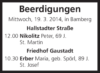 Anzeige von Beerdigungen vom 19.03.2104 von MGO
