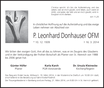 Anzeige von P. Leonhard Donhauser von MGO
