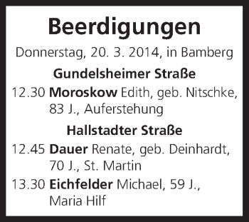 Anzeige von Beerdigungen vom 20.03.2014 von MGO