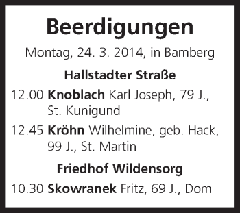 Anzeige von Beerdigungen vom 24.03.2014 von MGO