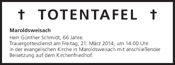 Anzeige von Totentafel vom 21.03.2014 von MGO