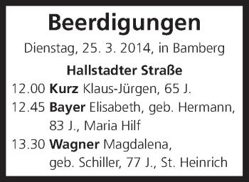 Anzeige von Beerdigungen vom 25.03.2014 von MGO