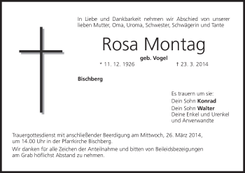 Anzeige von Rosa Montag von MGO